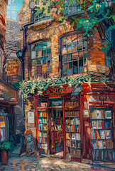 Fototapeta premium Oil Painting Of Cute Little Book Store