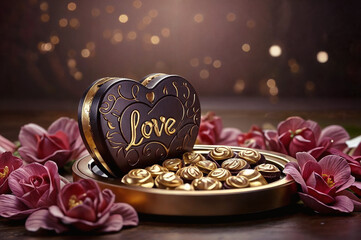 Luxury valentine chocolates in heart shaped gift box and tender flowers, tender roses