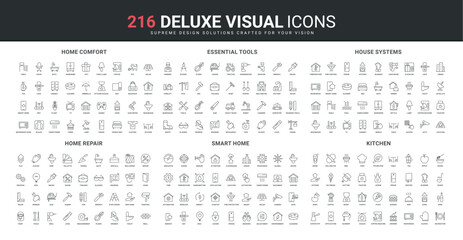 Smart home and equipment, renovation of building and decorations line icons set. Chef tools, kitchen electrical appliances and utensils, home systems control thin black symbols vector illustration