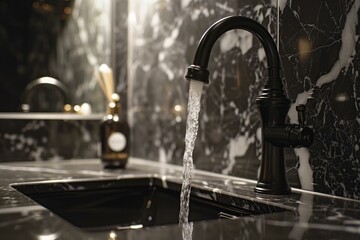 photo close up black water faucet in a modern bathroom, black marble tile