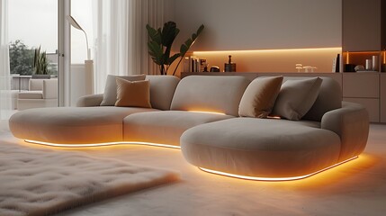 A modular sofa with built in Wi, Fi connectivity and smart home integration, allowing for seamless control of lighting, temperature, and entertainment systems