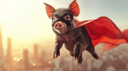 Fotobehang Superhero piggy, black pig with a black cloak and mask flying on light background with copy space. © okfoto