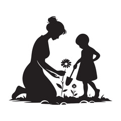 Blooming Bonds: Mom and Child Silhouette, Nurturing Nature's Beauty Together Planting Seeds of Love in Silhouette, Planting silhouette.