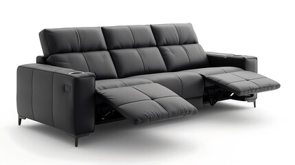 A sleek leather sofa with power reclining seats and built in massagers, offering luxurious comfort and relaxation in a modern home theater or lounge area