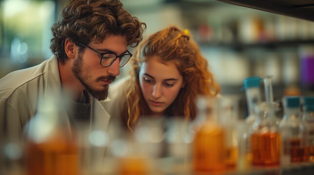 In a chemistry laboratory, students conduct experiments to synthesize and analyze molecules, referring to molecule structure illustrations in their textbooksto interpret experimental results.