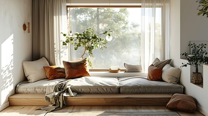 Airy modern bedroom design with a built in window bench and layers of soft textiles creating a warm and inviting atmosphere, Scandinavian style