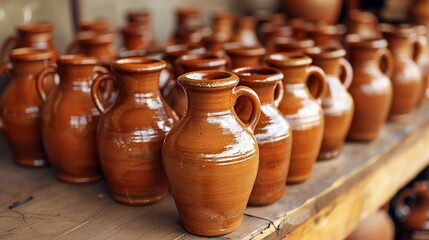 Fototapeta na wymiar Artisanal terracotta pots neatly arranged on wooden shelves in a traditional pottery workshop.