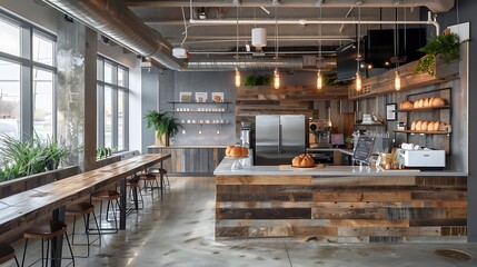 Artisanal bakery inspired office with rustic wood accents and cozy ambiance, modern office interior design