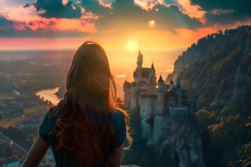 view from the back of a girl against the backdrop of a fairytale castle - obrazy, fototapety, plakaty