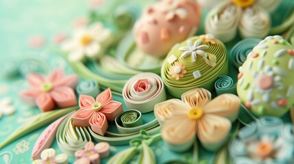 A close-up of a handcrafted Easter card with quilling art, featuring spring motifs and pastel colors