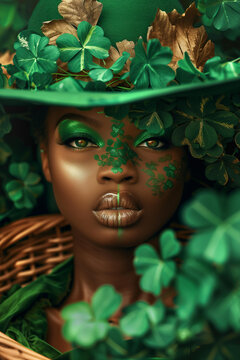 
glamorous portrait of a black beautiful woman with bright makeup for St. Patrick's Day
