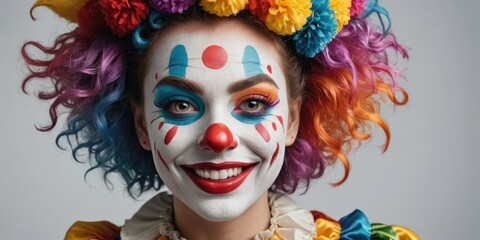 Festive Folly Fiesta: Cute Female Clown Reigns Supreme in Carnival Circus Merriment