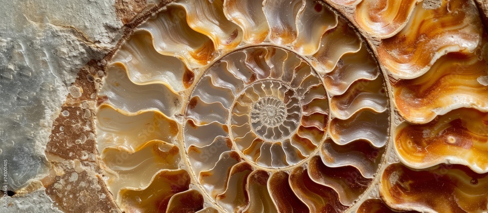 Poster a macro photograph capturing the intricate symmetry and patterns of an ancient organism, an ammonite