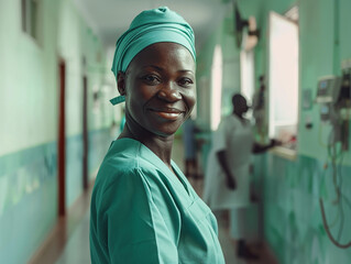 African nurse dressed in a medical uniform with a smile works in the hospital
