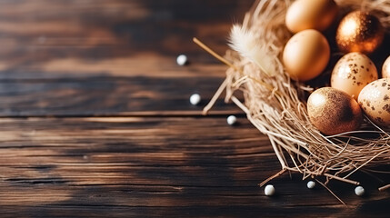 Easter eggs in nest on rustic wooden background. Top view with copy space. Greeting card on an Easter theme. Happy Easter concept.