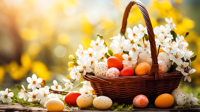 Easter basket with colorful eggs and spring blossom on wooden background. Greeting card on an Easter theme. Happy Easter concept.