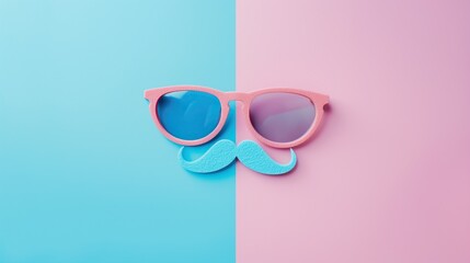 April Fool's Day Concept with Pink Glasses and Blue Mustache - obrazy, fototapety, plakaty