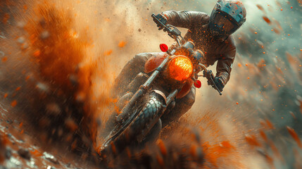 A motorcycle crossing a mud puddle, its tires spraying the air