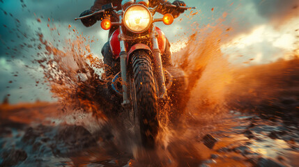 A motorcycle crossing a mud puddle, its tires spraying the air