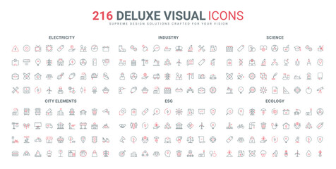ESG, science, governance and law support for environmental protection, electricity consumption line icons set. Green energy, recycle technology, sorting thin black and red symbols vector illustration