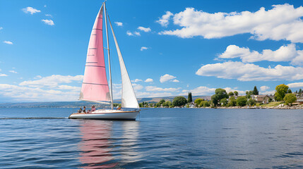 A sailboat gliding on calm waters under a cloudless summer sky, epitomizing the tranquility and...