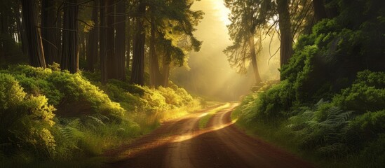 The sunlight filters through the dense trees along a dirt road in the woods, creating a serene atmosphere in the natural landscape