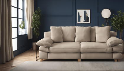Modern Living Room with Navy Blue Walls and Beige Sofa