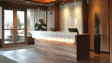 Corporate reception front desk design with frosted glass panels and corporate logo branding