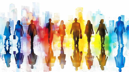Silhouettes of diverse people walking in front of a colorful, abstract urban skyline backdrop.