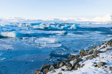 Ice floating on water of Jokulsarlon glacier lagoon, Iceland.  Jokulsarlon glacial lake in Iceland