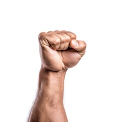 The image displays a single raised fist, likely belonging to an adult male judging by the hair and skin texture, against a plain white background. The fist is tightly clenched, showcasing knuckles and