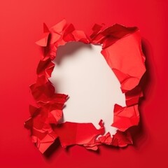 The image showcases a vivid red paper with a roughly torn hole in the shape of a heart, revealing a white space beneath it, set against a monochromatic red background that provides a dramatic and symb