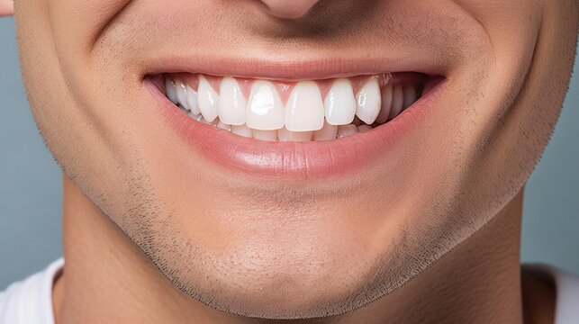 This image features a close-up view of the lower half of a person's face, displaying a broad smile with healthy, white teeth. The individual appears to have well-maintained oral hygiene, and there are