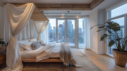 Elegant modern bedroom design with a canopy bed and French doors leading to a private balcony with city skyline views, Scandinavian style
