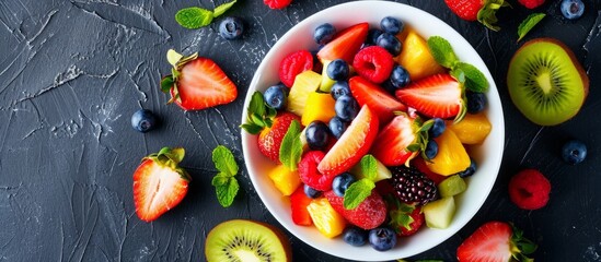 A bowl of fruit salad, a dish made with natural foods and plant ingredients, is placed on a table...