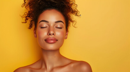 An image of a woman with her eyes closed, head tilted back, and hair freely flowing, set against a yellow backdrop, creates a narrative of freedom and sensory delight