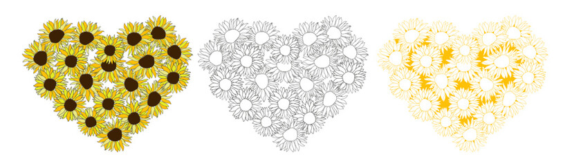 Yellow colors, line art sunflower hearts set background, hand drawn floral elements for Valentines day. Vector illustrations for card or invitations, surface design