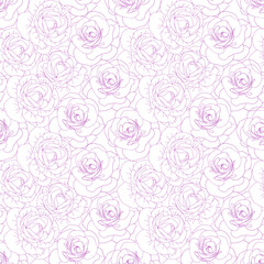 Camellia pink line art flower seamless pattern. Delicate rose flower head for spring, girly background. Vector illustration for textile, scrapbook, fabric, wallpaper, card, invite