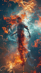 Ethereal Flame Dance - An artistic rendition of a figure enveloped in swirling flames, symbolizing transformation and energy.