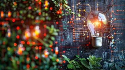 Glowing Light Bulb on Natural Background - Innovation, Eco Technology, Creative Ideas in Nature