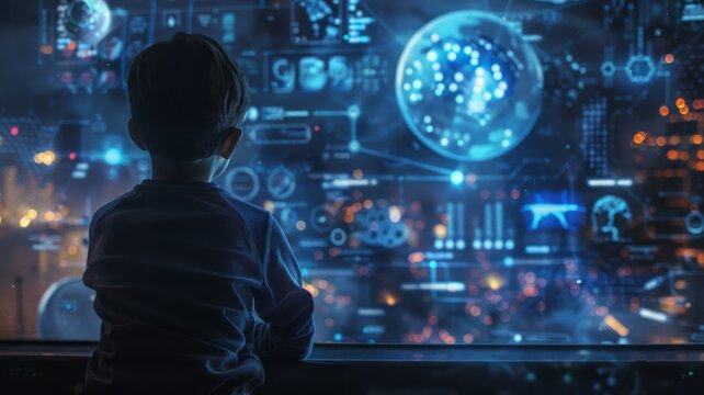 Boy Viewing Cybernetic Sphere - A young mind gazes upon a futuristic holographic display, signifying the new era of digital learning.