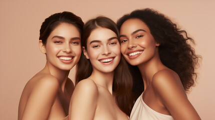 A trio of beaming young women showcase their diverse beauty, with the center figure gazing directly at the camera. This shot highlights the beauty of unity in diversity - obrazy, fototapety, plakaty