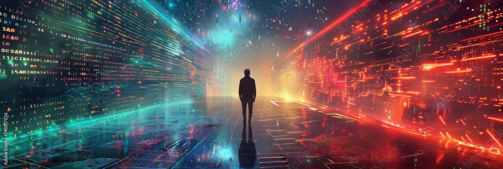 Poster digital data stream evolution - a person stands before a dynamic data stream, representing the evolu