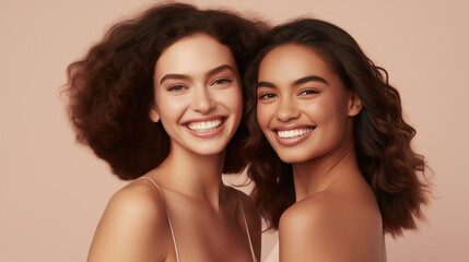 Two vivacious women with curly hair share a joyful moment, their infectious smiles and the gleam in their eyes speaking of deep friendship and the sheer pleasure of each other's company