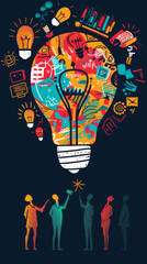 Collaborative Innovation Spark - A vibrant illustration of people uniting around a lightbulb filled with symbols of ideas and creativity