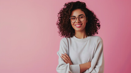 With her hair still full of curls and glasses accentuating her stylish look, the woman's smile remains warm against the pink backdrop, inviting a sense of comfort and genuine happiness - obrazy, fototapety, plakaty