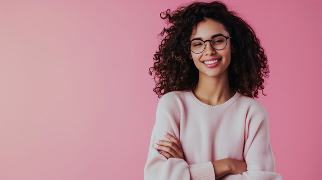 A woman with curly hair and stylish glasses flashes a bright, engaging smile, her arms crossed in front of her in a self-assured stance. Set against a monochromatic pink background