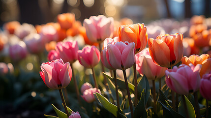 A row of colorful tulips standing tall in a garden, creating a striking display of nature's artistry in the spring sunlight