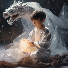 child with white dragon in the room. ai generated