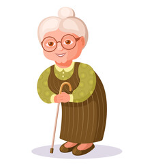 Smiling sweet old lady with gray hair, wearing big glasses and holding a cane. A cheerful and joyful old grandmother stands tall. Vector cartoon illustration isolated on white background.